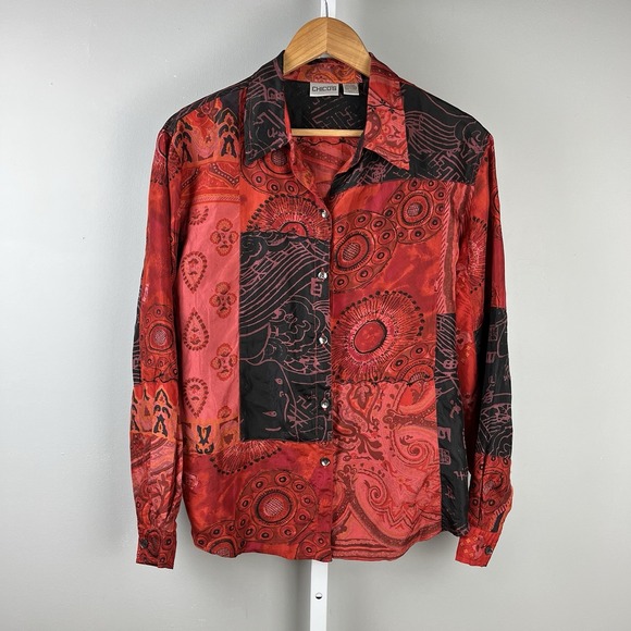 Vintage Chico's Shirt Top Blouse Size 2 Large/12 Red Black 100% Silk Embroidered - Picture 1 of 6